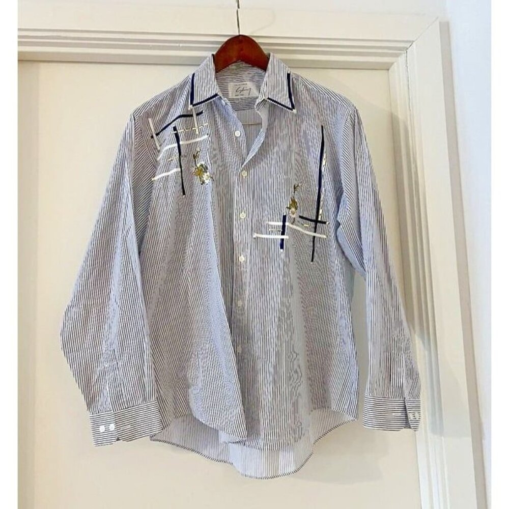 L Wom Vtg SHIY NY Pin Striped Embroidered Embellished Preppy Button Down Blouse‎